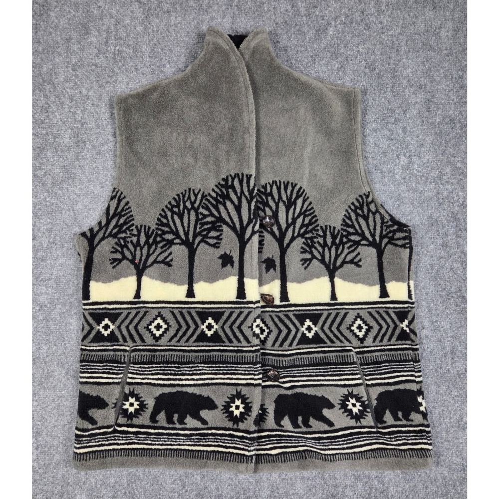 Robert Kitchen Fleece Vest Mens L Grey Bear Nature Pattern Button Front Canada